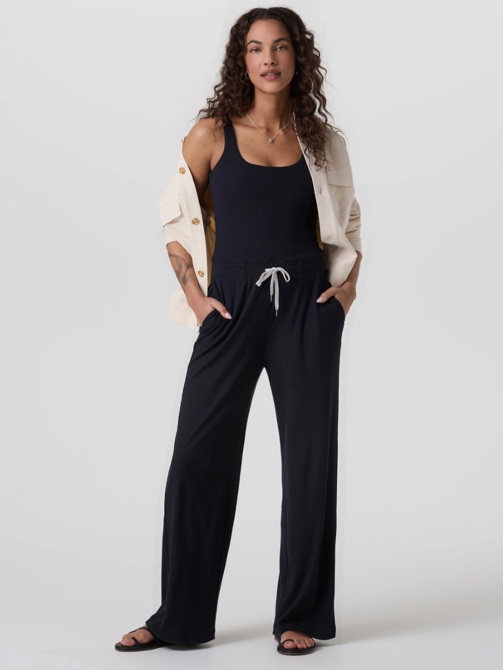 New Vuori Pose Scoop Jumpsuit Drawstring in Black Size Small $148